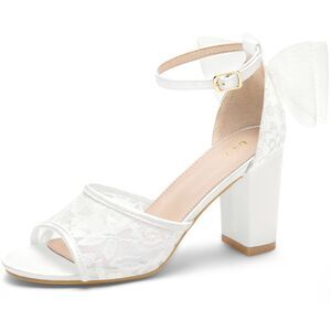 Lace Open Toe Bow Ankle Strap Block Heel Sandals White